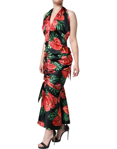 Pre-owned Dolce & Gabbana Black Tropical Floral Sheath Maxi Women's Dress ()