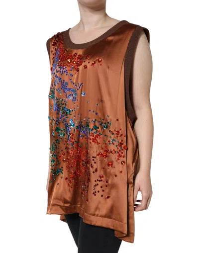 Pre-owned Dolce & Gabbana Brown Crystal Embellished Sleeveless Tank Women's Top ()