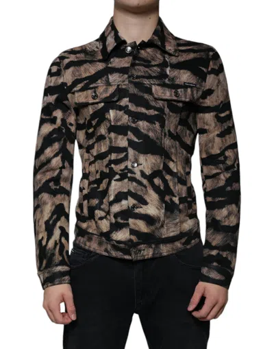 Dolce & Gabbana Brown Tiger Button Down Collared Jacket In Black And Brown