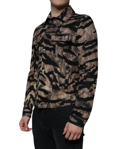 Dolce & Gabbana Brown Tiger Button Down Collared Jacket In Black And Brown