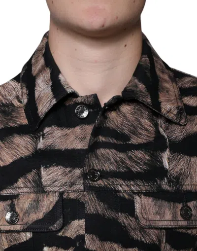 Dolce & Gabbana Brown Tiger Button Down Collared Jacket In Black And Brown