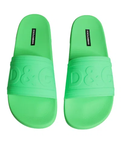 Dolce & Gabbana Green Leather Slides Sandals Beachwear Shoes In Green