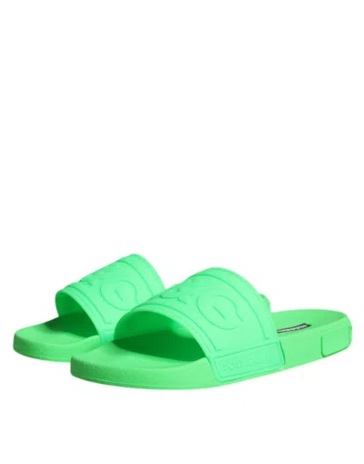 Dolce & Gabbana Green Leather Slides Sandals Beachwear Shoes In Green
