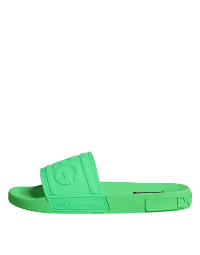 Dolce & Gabbana Green Leather Slides Sandals Beachwear Shoes In Green