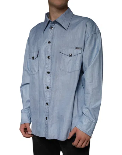 Dolce & Gabbana Light Blue Cotton Button Down Casual Shirt In Light Blue
