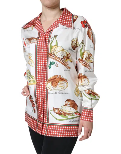Pre-owned Dolce & Gabbana Multicolor Bread Print Collared Blouse Women's Top ()