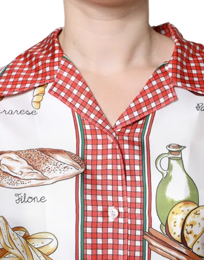 Pre-owned Dolce & Gabbana Multicolor Bread Print Collared Blouse Women's Top ()