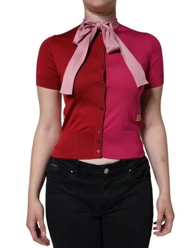 Pre-owned Dolce & Gabbana Pink Short Sleeves Pullover Ascot Collar Women's Top ()