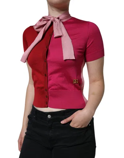 Pre-owned Dolce & Gabbana Pink Short Sleeves Pullover Ascot Collar Women's Top ()