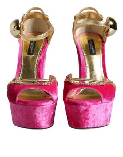 Pre-owned Dolce & Gabbana Pink Velvet Platform Ankle Strap Heel Sandals Women's Shoes () In Gold And Pink
