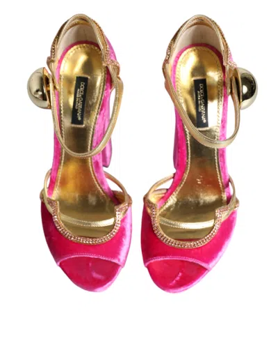 Pre-owned Dolce & Gabbana Pink Velvet Platform Ankle Strap Heel Sandals Women's Shoes () In Gold And Pink