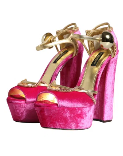 Pre-owned Dolce & Gabbana Pink Velvet Platform Ankle Strap Heel Sandals Women's Shoes () In Gold And Pink