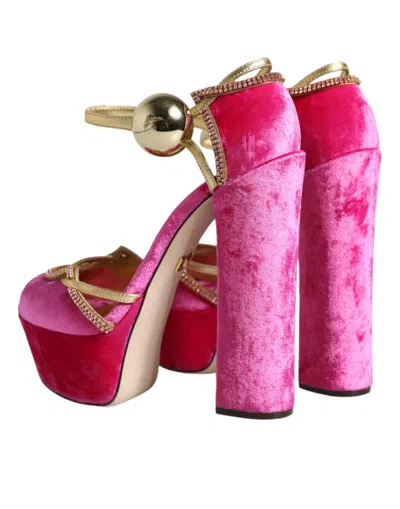 Pre-owned Dolce & Gabbana Pink Velvet Platform Ankle Strap Heel Sandals Women's Shoes () In Gold And Pink