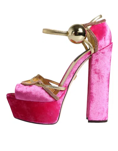 Pre-owned Dolce & Gabbana Pink Velvet Platform Ankle Strap Heel Sandals Women's Shoes () In Gold And Pink