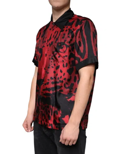 Dolce & Gabbana Red Leopard Silk Button Down Casual Shirt In Red