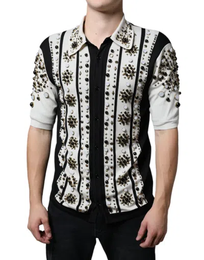 Dolce & Gabbana White Black Silk Studded Stone Crystal Shirt In Black And White