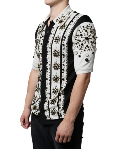 Dolce & Gabbana White Black Silk Studded Stone Crystal Shirt In Black And White