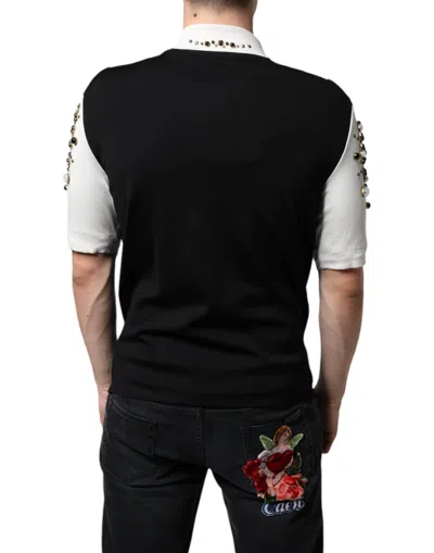 Dolce & Gabbana White Black Silk Studded Stone Crystal Shirt In Black And White