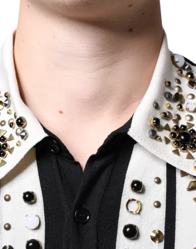 Dolce & Gabbana White Black Silk Studded Stone Crystal Shirt In Black And White