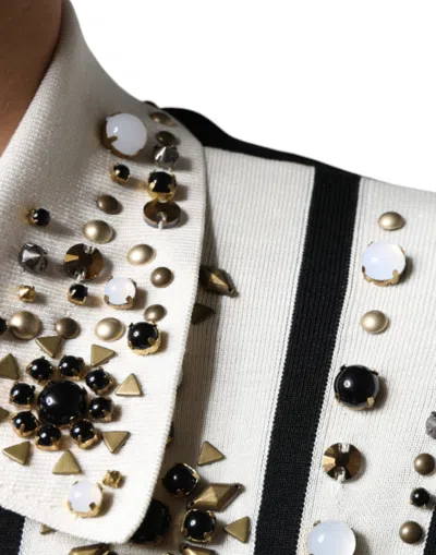 Dolce & Gabbana White Black Silk Studded Stone Crystal Shirt In Black And White