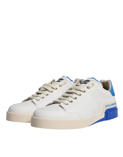 Dolce & Gabbana White Blue Perforated Low Top Sneakers Men's Shoes In Blue And White