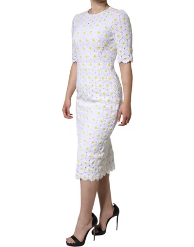 Pre-owned Dolce & Gabbana White Daisy Macrame Lace Sheath Midi Women's Dress ()