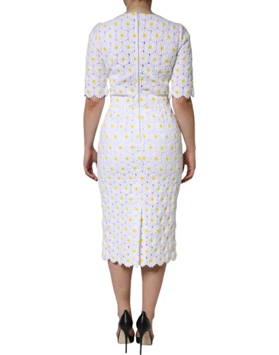 Pre-owned Dolce & Gabbana White Daisy Macrame Lace Sheath Midi Women's Dress ()