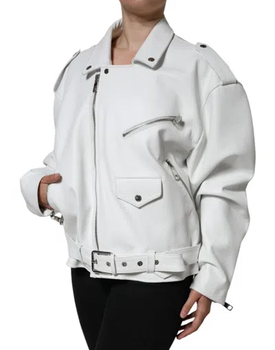 Pre-owned Dolce & Gabbana White Lambskin Leather Biker Coat Women's Jacket ()