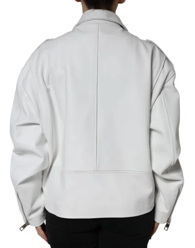 Pre-owned Dolce & Gabbana White Lambskin Leather Biker Coat Women's Jacket ()