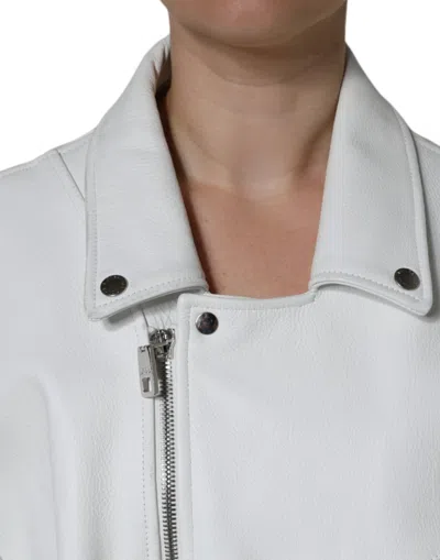 Pre-owned Dolce & Gabbana White Lambskin Leather Biker Coat Women's Jacket ()