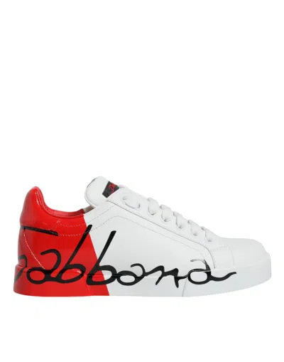 Pre-owned Dolce & Gabbana White Red Portofino Low Top Sneakers Women's Shoes () In White And Red