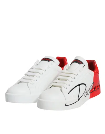 Pre-owned Dolce & Gabbana White Red Portofino Low Top Sneakers Women's Shoes () In White And Red