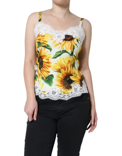 Pre-owned Dolce & Gabbana White Silk Sunflower Lace Sleeveless Tank Women's Top () In Yellow