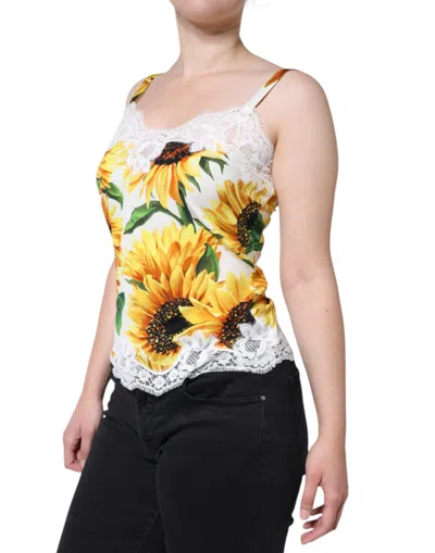 Pre-owned Dolce & Gabbana White Silk Sunflower Lace Sleeveless Tank Women's Top () In Yellow