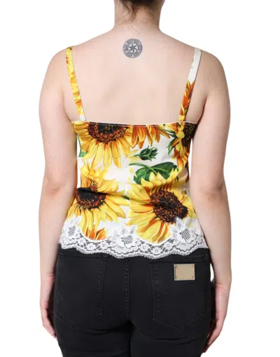 Pre-owned Dolce & Gabbana White Silk Sunflower Lace Sleeveless Tank Women's Top () In Yellow