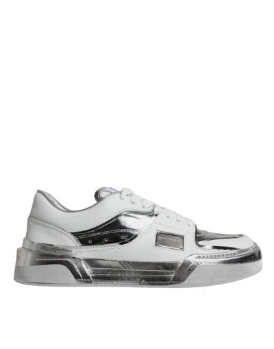Dolce & Gabbana White Silver Leather Low Top Sneakers Shoes In White