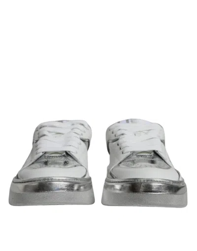 Dolce & Gabbana White Silver Leather Low Top Sneakers Shoes In White