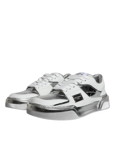 Dolce & Gabbana White Silver Leather Low Top Sneakers Shoes In White