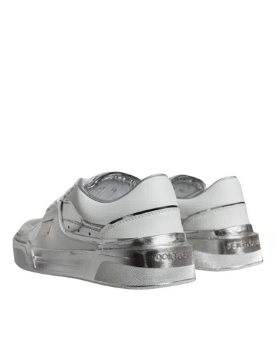 Dolce & Gabbana White Silver Leather Low Top Sneakers Shoes In White