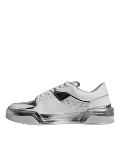 Dolce & Gabbana White Silver Leather Low Top Sneakers Shoes In White