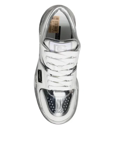Dolce & Gabbana White Silver Leather Low Top Sneakers Shoes In White