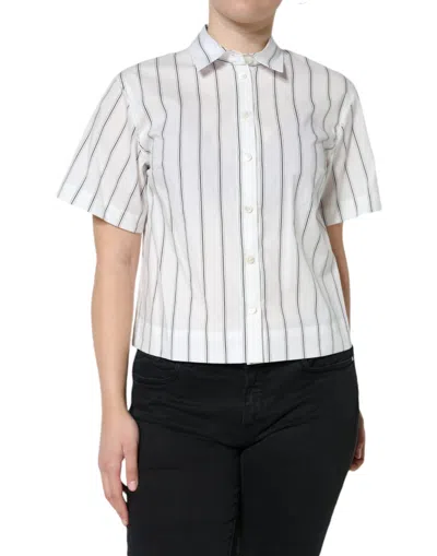 Dolce & Gabbana White Striped Collared Short Sleeve Polo Top In White