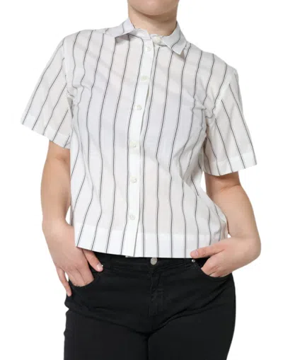 Dolce & Gabbana White Striped Collared Short Sleeve Polo Top In White
