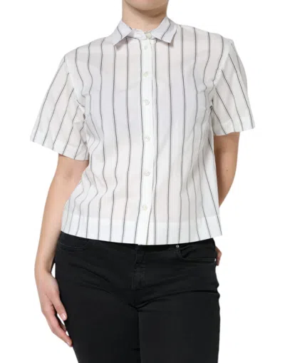 Dolce & Gabbana White Striped Collared Short Sleeve Polo Top In White