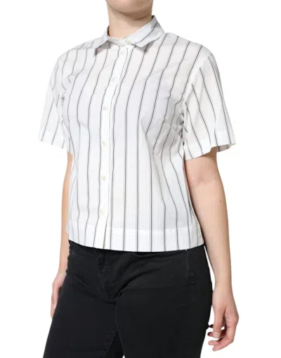 Dolce & Gabbana White Striped Collared Short Sleeve Polo Top In White