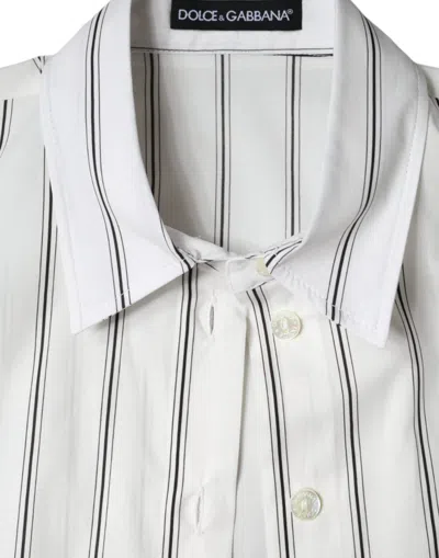 Dolce & Gabbana White Striped Collared Short Sleeve Polo Top In White