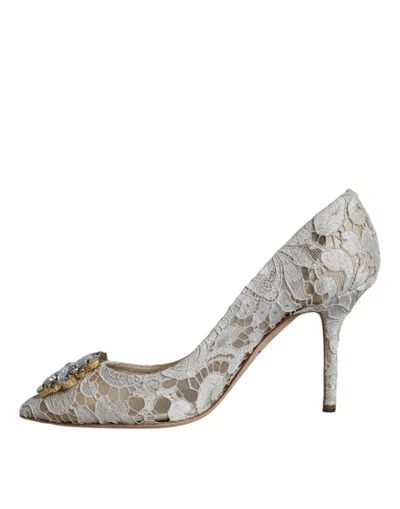 Pre-owned Dolce & Gabbana White Taormina Lace Crystal Heel Pumps Women's Shoes ()