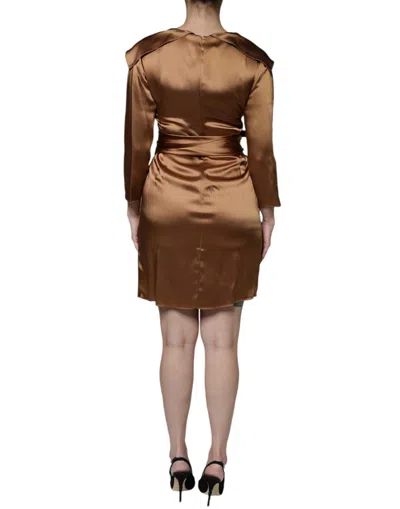 Pre-owned Emporio Armani Brown Satin Long Sleeves Wrap Sheath Mini Women's Dress ()