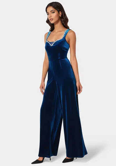 Bebe Embellished Neckline Ultra Wide Leg Jumpsuit In Galactic Cobalt
