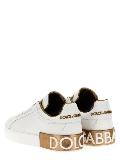 Dolce & Gabbana Portofino White And Gold Low Top Sneakers With Logo In Leather Woman In White